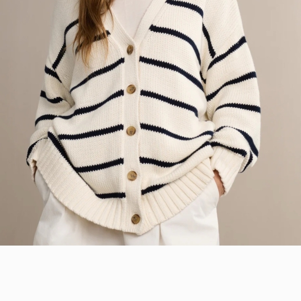 Jenni Kayne Chloe Navy and Cream Striped Cardigan, Coastal California Chic, VGUC - Picture 2 of 9